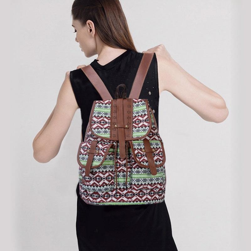 Ethnic Style Retro Women's Backpack Personalized Fashion Pattern Plaid Double Shoulder Bags Casual Large Capacity Drawstring Female Travel Rucksacks