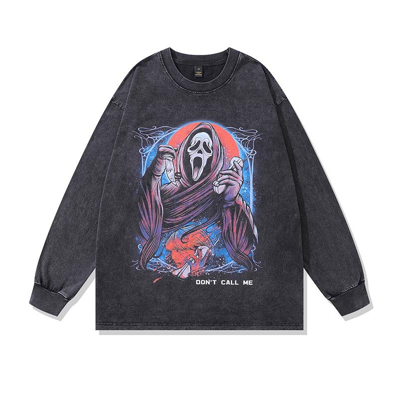 European And American High Street Retro Angel Washed Long-Sleeved T-Shirt Men'S And Women'S Street Trendy Brand Old Versatile Bottoming Top