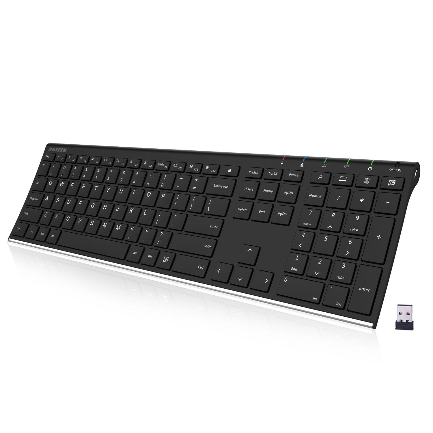 

Arteck 2.4G Wireless Keyboard, English Layout, US Layout, Wireless Stainless Steel, Lightweight, Full-Size Keyboard with Numeric Keypad, Compatible