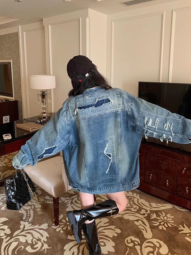 Women's American Retro Biker Denim Jacket - Ripped, Loose, BF Style for Spring/Autumn Hip Hop Vibe