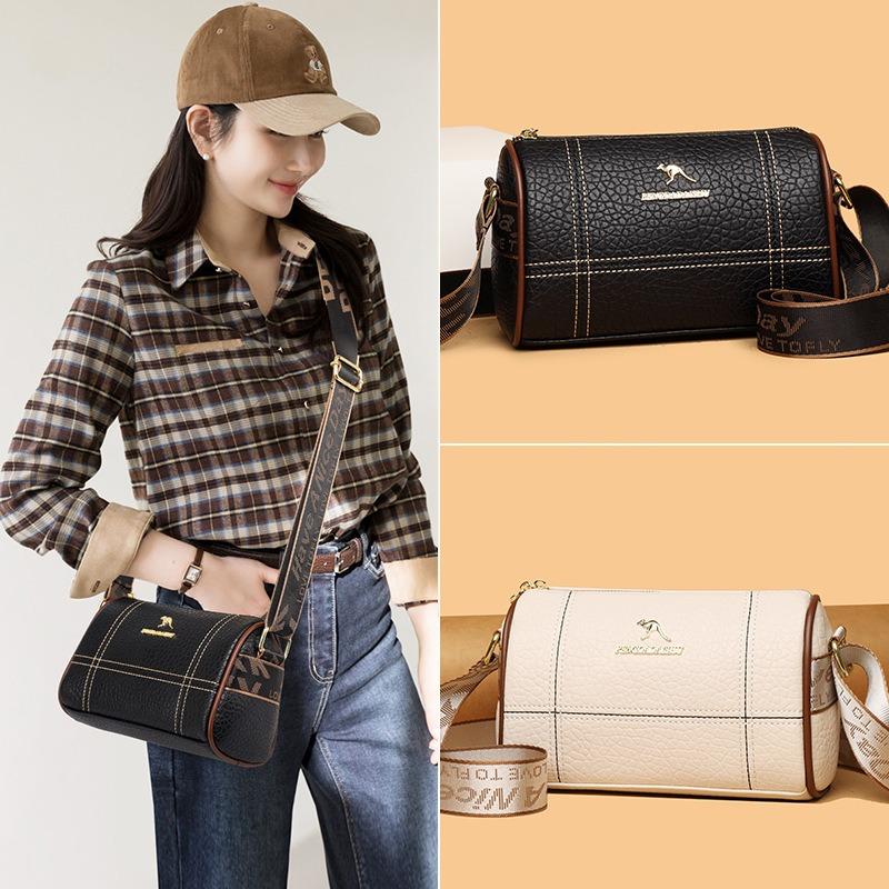 Damenhandtasche aus weichem Leder, breiter Schultergurt, zylindrische Tasche, neues Temperament, modisch, großes Fassungsvermögen, einzelne Schulter, Crossbody-Kissen-Tasche