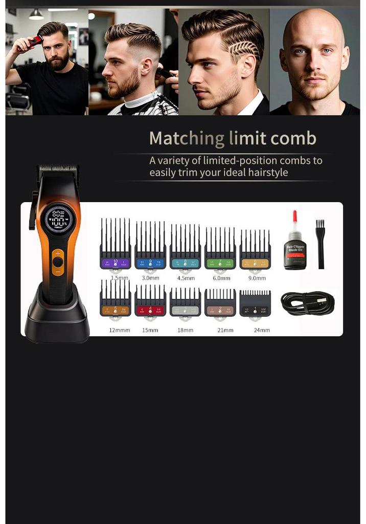 Pro Brushless Motor Hair Clipper with LCD Display, Multi-Speed Adjustment, Charging Base, Electric Trimmer for Barber Shop and Home Use