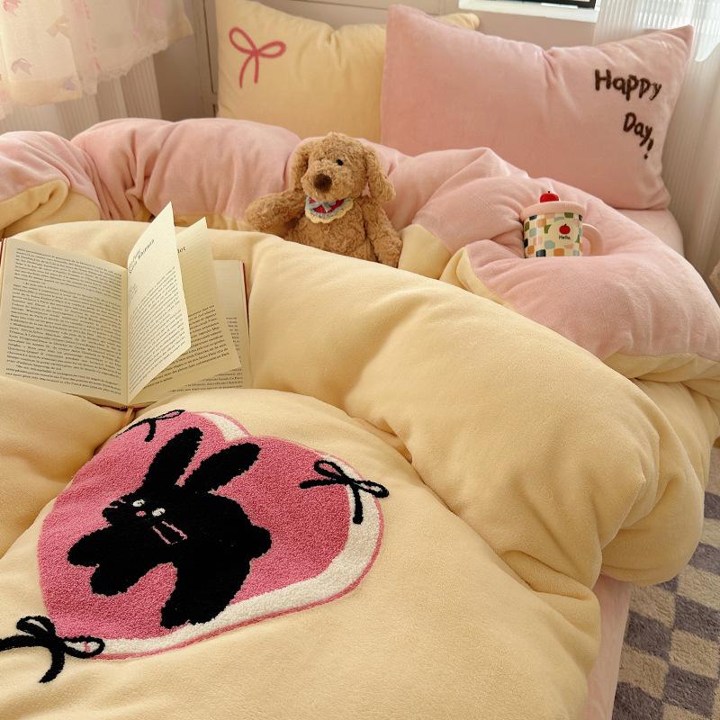 Thickened Milk Fleece Bed Four-Piece Set Fleece Quilt Cover Bed Sheet Coral Flannel Children'S Cartoon Bedding