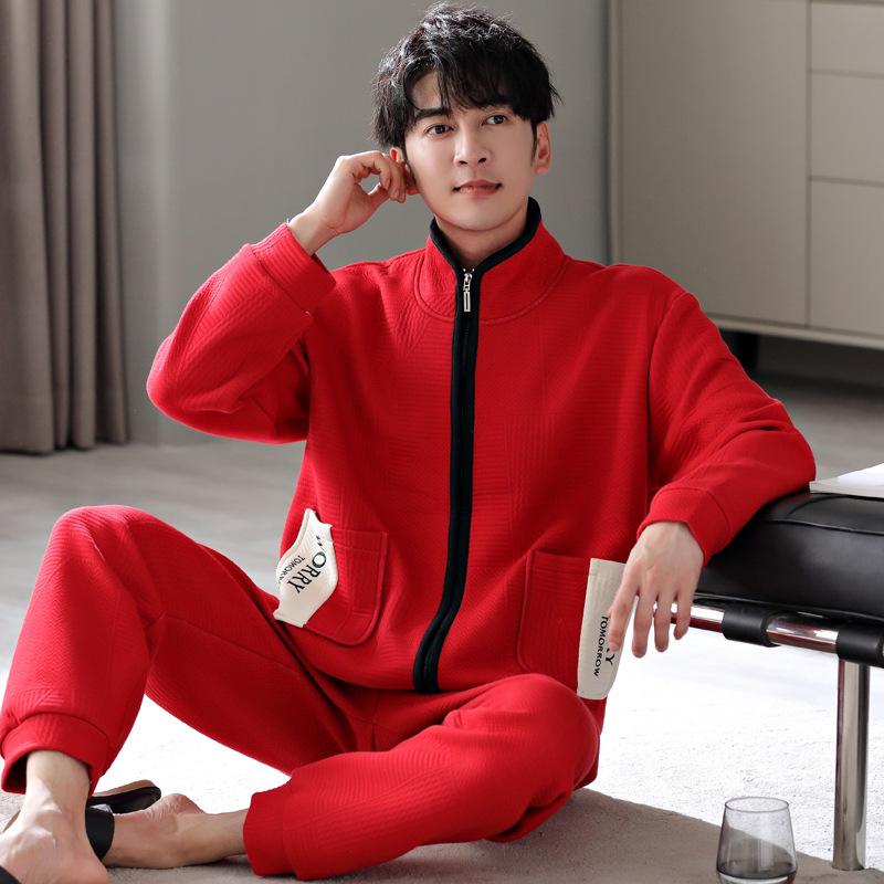 Air Cotton Pajamas Men'S Autumn And Winter Thickened Cotton Long-Sleeved Interlayer Men'S Winter Thin Padded Loungewear Set