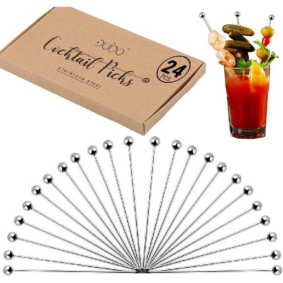 Cocktail Picks Stainless Steel Toothpicks - (12 Pack / 4 Inch) Martini Picks Reble Fancy Metal Drink Skewers Garnish Sticks for Martini Olives
