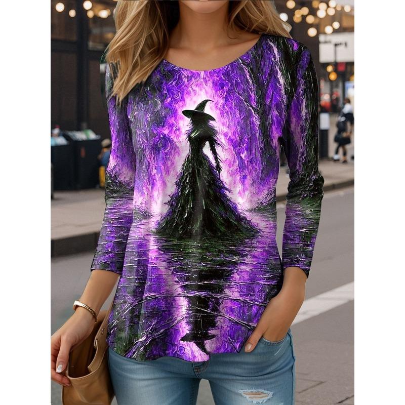 Women's T Shirt Witch Long Sleeve Crew Neck Long Sleeve Casual Round Neck Regular Tops