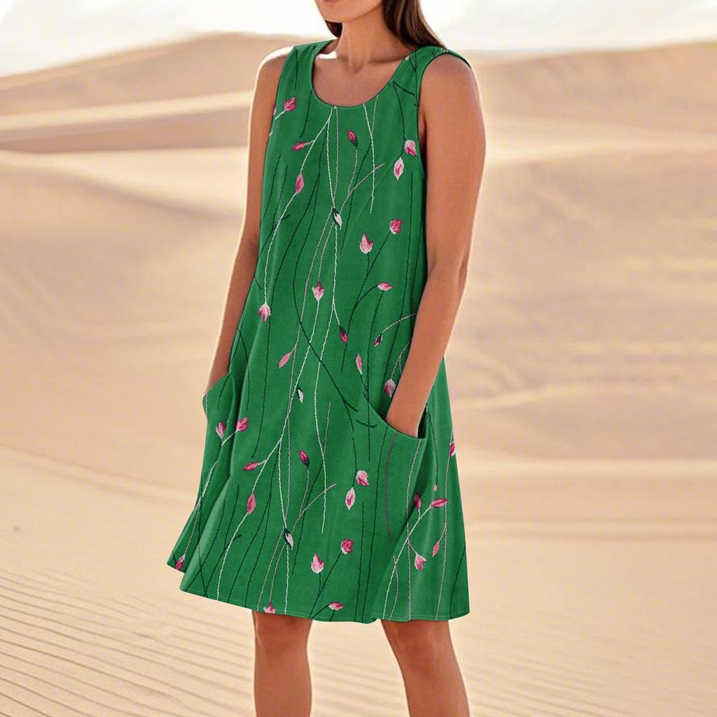 Sommerkleider für Damen, lockerer Strandurlaub, lässig, ärmellos, Sommerkleider mit Taschen, Tankkleid
