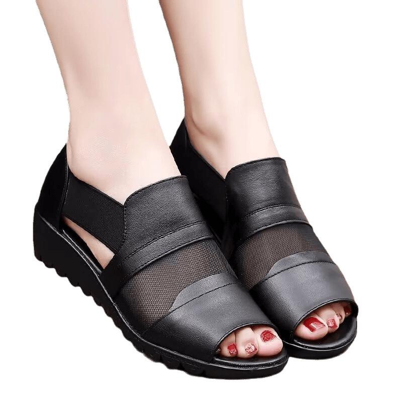 Mom Sandals Women Wear Soft Leather Soft Sole Wedge Heel Fish Mouth In the Elderly Women's Shoes Summer 2025 New Sandals Batch