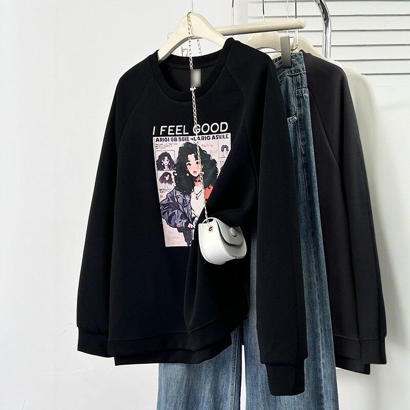 2026 Spring Plus Size Loose Hoodie with Fashionable Woman Print, Round Neck, and Raglan Sleeves