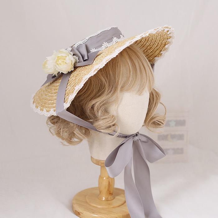 Handmade Elegant Flowers Straw Hat Multi Colored Bonnet Flat Hat Lolita Cosplay Ribbon Straw French Hat for Beach Vacation
