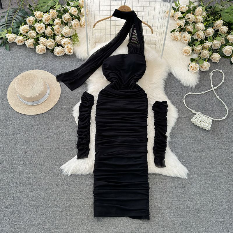 

Ruched Fashion New Year Tube Top Mesh Dress Christmas Black All yards