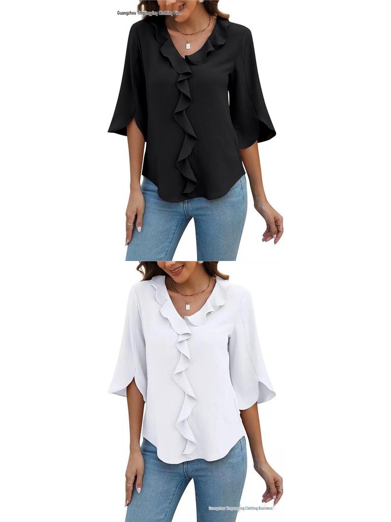 European & American Women's Artistic V-neck Ruffle Casual Shirt