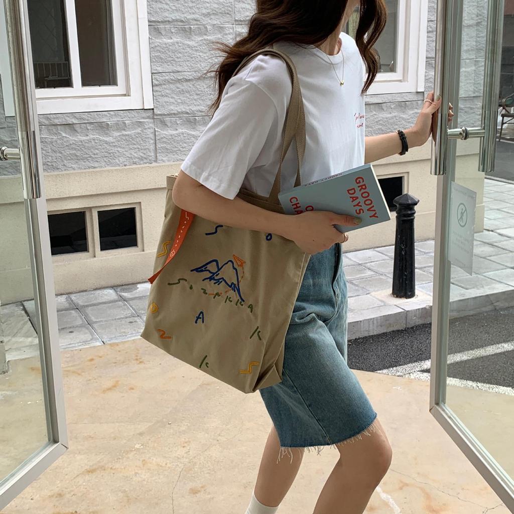 Women Color Contrast Weave Belt Canvas Shoulder Bag Embroidered Large Capacity Student Tote Bag
