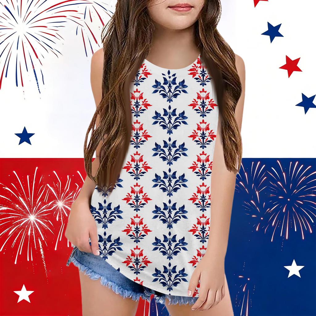 Girls  Kids Summer Crewneck Sleeveless Shirts Tank Tops Independence Day