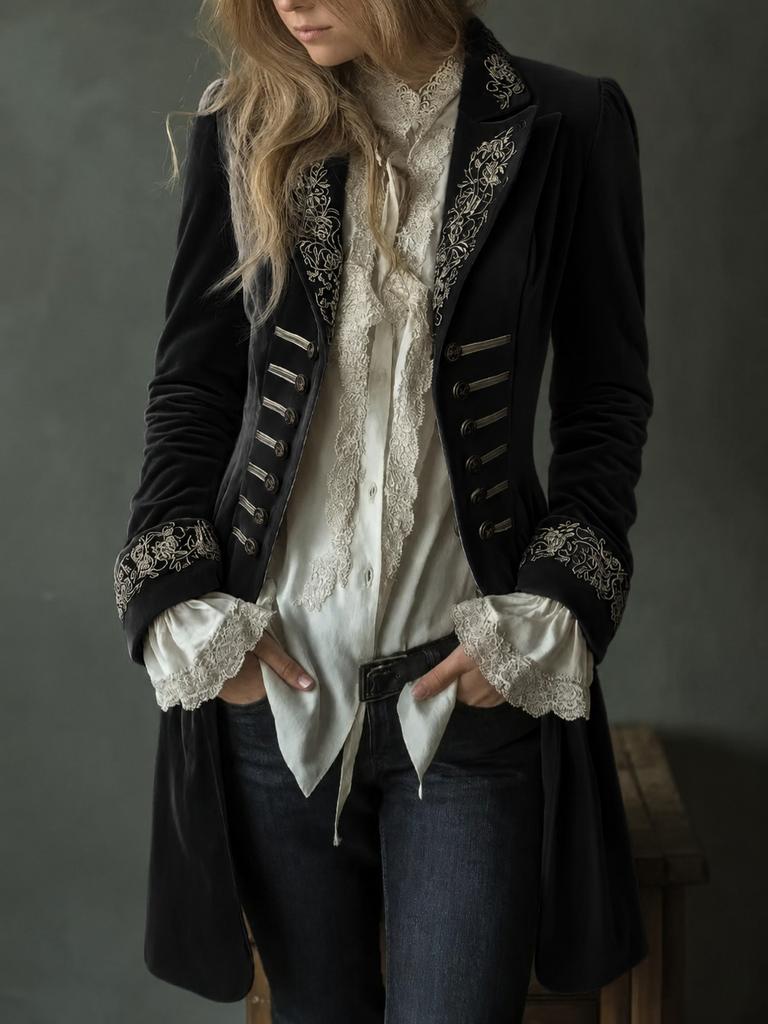 Women's Velvet Gothic Jacket Vintage Embroidered Stand Collar Metal Buckle Trench Coat Long Sleeve Vintage Outerwear