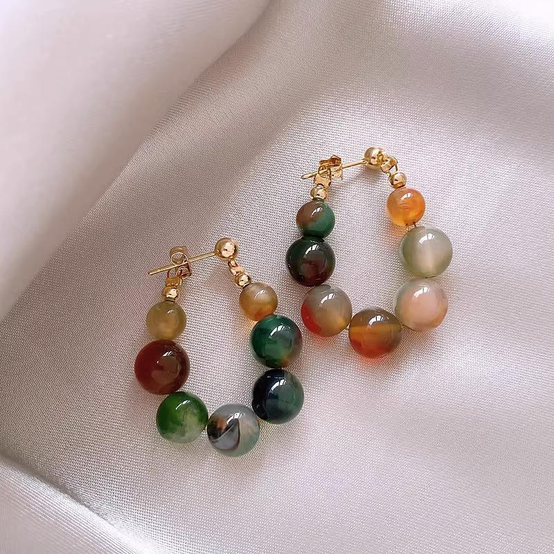 Retro Peacock Agate Jade Earrings with Irregular Marbled Texture
