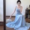 Summer blue French suspender dress women's new temperament waist thin a word seaside vacation skirt