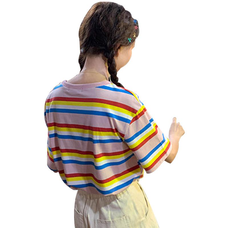 

Женская модная летняя повседневная футболка с коротким рукавом и круглым вырезом в радужную полоску с цветочным принтом, свободная футболка M розовый