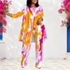 Women Plus Size Round Neck Long Sleeve Printed Layered Top Wide Leg Pants Two Piece Set