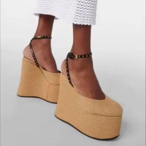 Shallow Ankle Strap Super High Heel Wedges Sandals Grass Woven Platform Women Summer Sandals 2025 New Linen Round Toe Sandals
