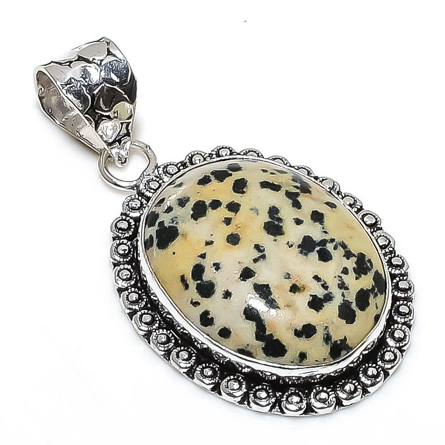 Dalmation Jasper Gemstone 925 Sterling Silver Jewelry Pendant 1.85" SU-10786