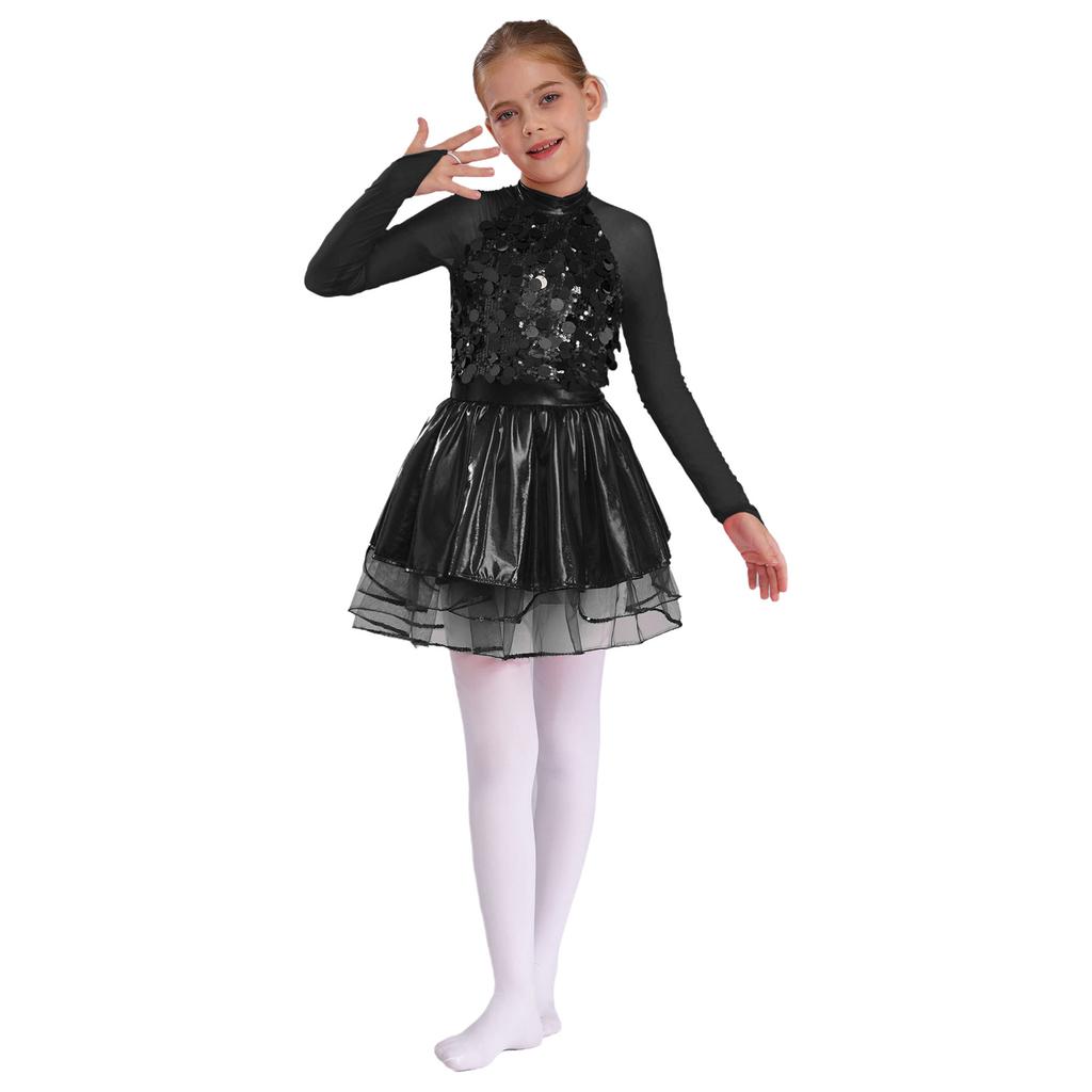 Mädchen Metallic Tutu Kleid Pailletten Durchsichtiges Mesh Langarm Design Schlüsselloch Rücken Funkelndes Tanzkostüm