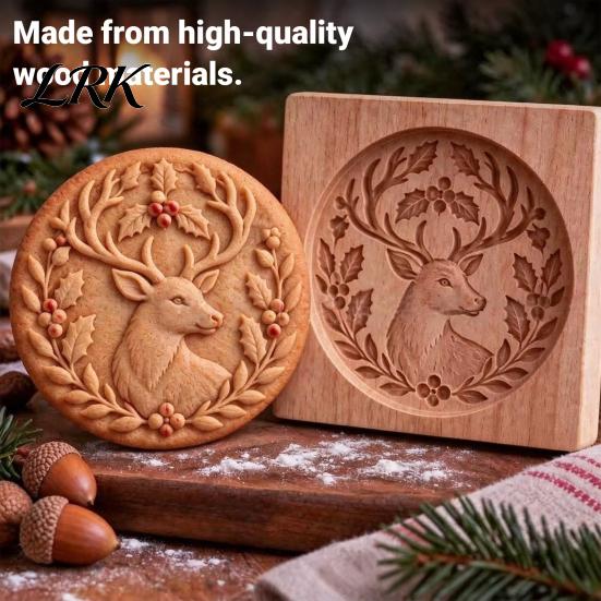Three Dimensional Relief Mold Woodland Animal Cookie Mold, Wooden Biscuit Stamps, Scene 3D Red Pancake Texture Tool Bird Elk Dachshund Cutter