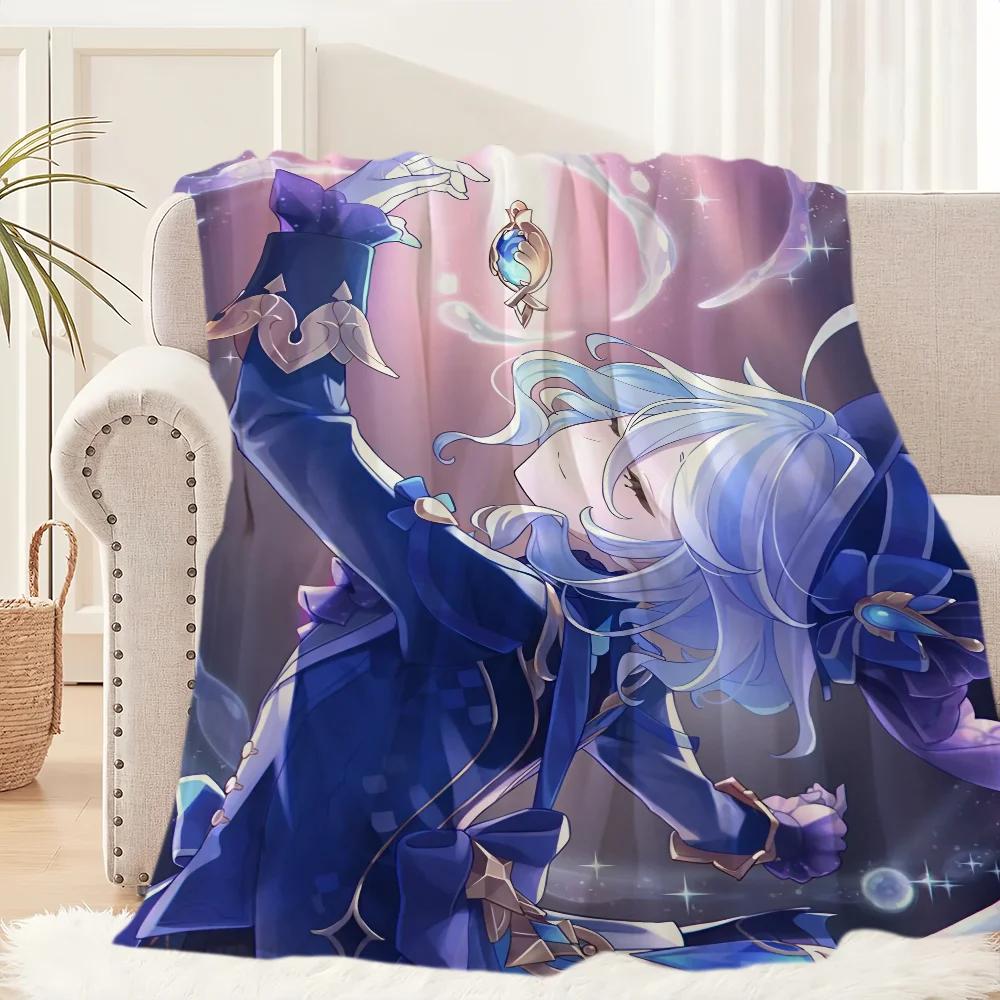 Genshin Impact Furina Flannel Throw Blanket for Couch Home Travel Hiking Picnic Bed Perfect Birthday Gift
