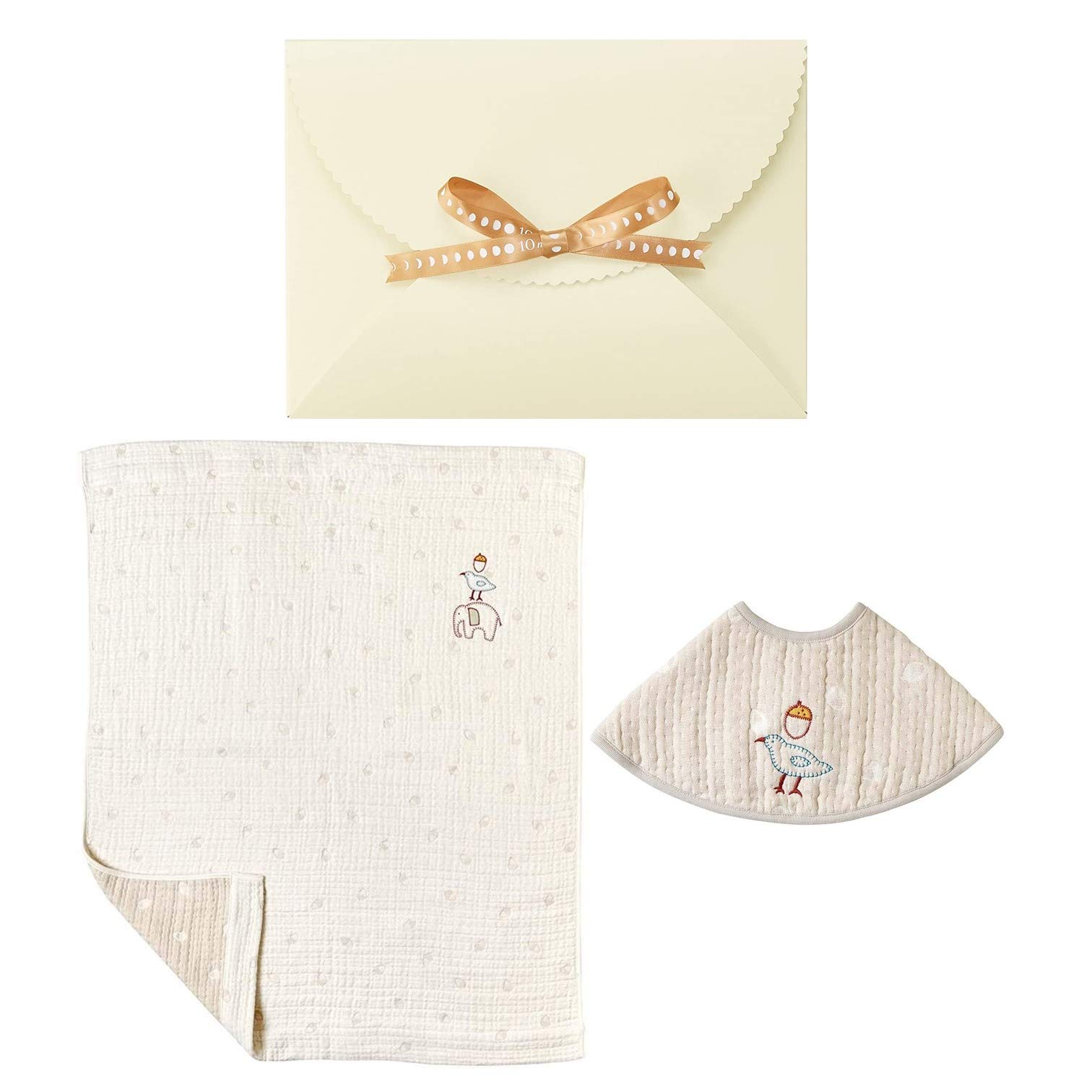 

10mois Hoppetta Baby Gift guri Fluffy Gauze with BIB Greige - Set (6-Layer Gauze) Blanket, 100% Cotton, Medium, 90x110cm, BATON, (Product Code