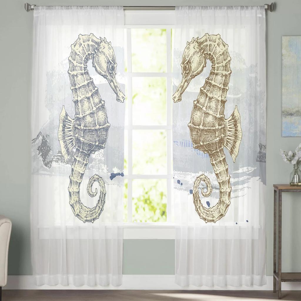 Marine Life Two Seahorses Sheer Curtains for Living Room Voile Curtain Bedroom Bathroom Tulle Curtains Window Drapes