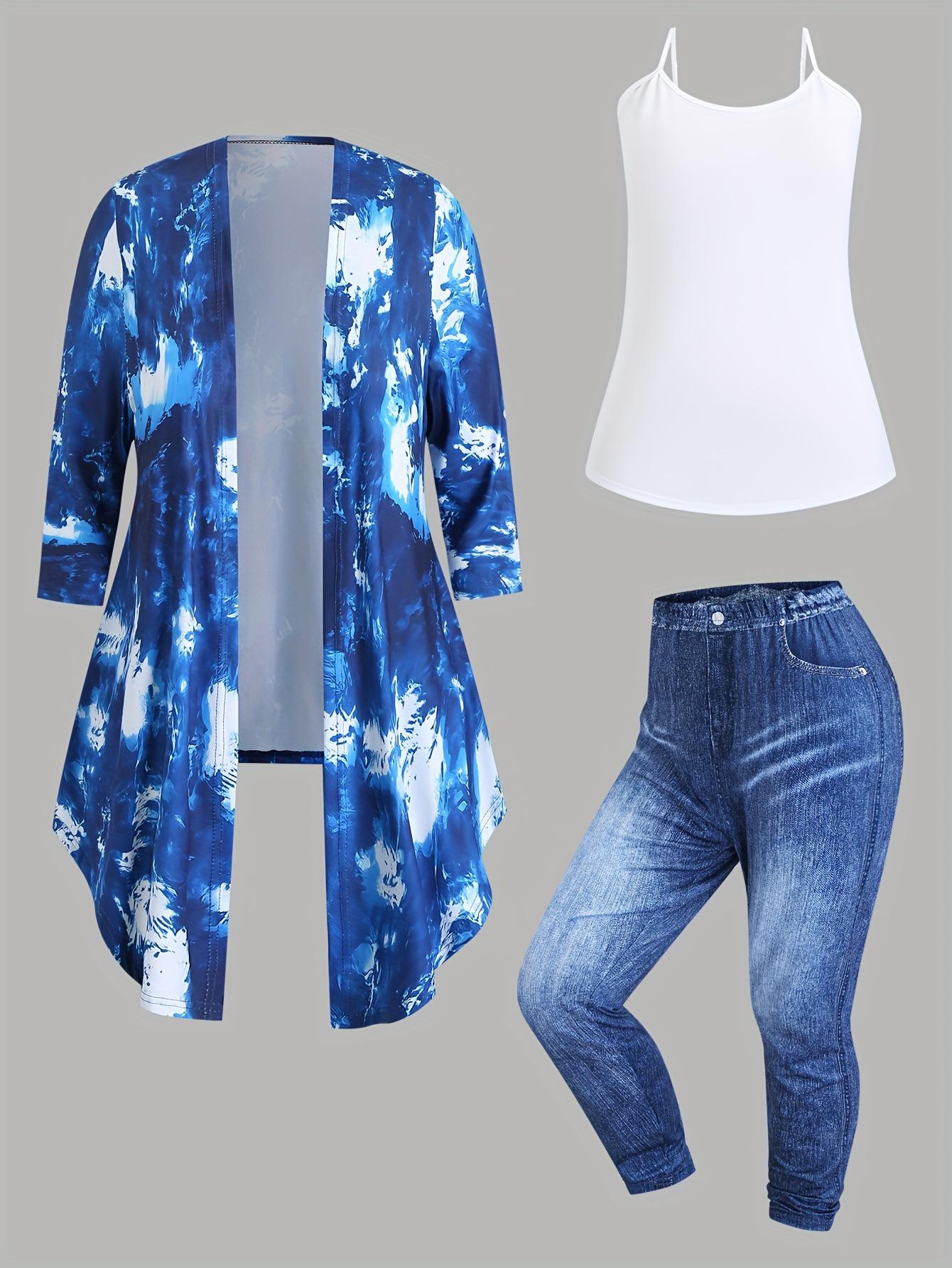 

Plus Size Tie-dye Cut-out Jacket & Camisole with Denim Skinny Pants 1XL синій