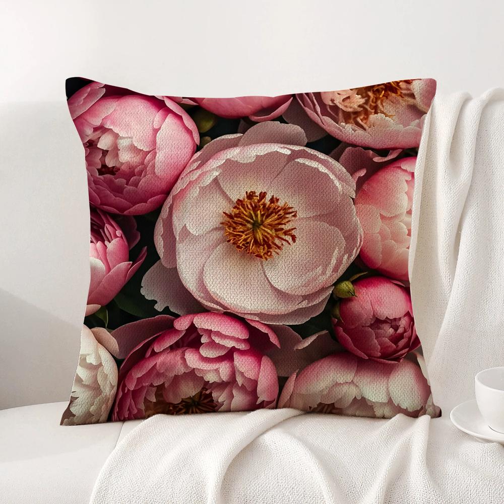 Hot Peony Cushion Cover Natural Linen Organic Fabric DoubleSided Printing Sofa Home Decor Breathable Bed Pillow