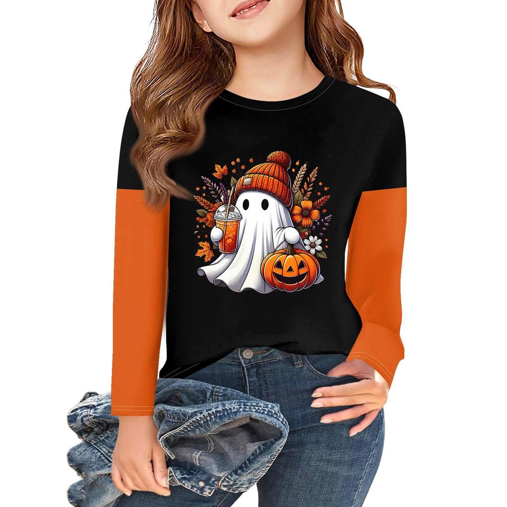 Dziecięca koszulka z długim rękawem na Halloween z nadrukiem, casualowy top z okrągłym dekoltem dla chłopców i dziewczynek
