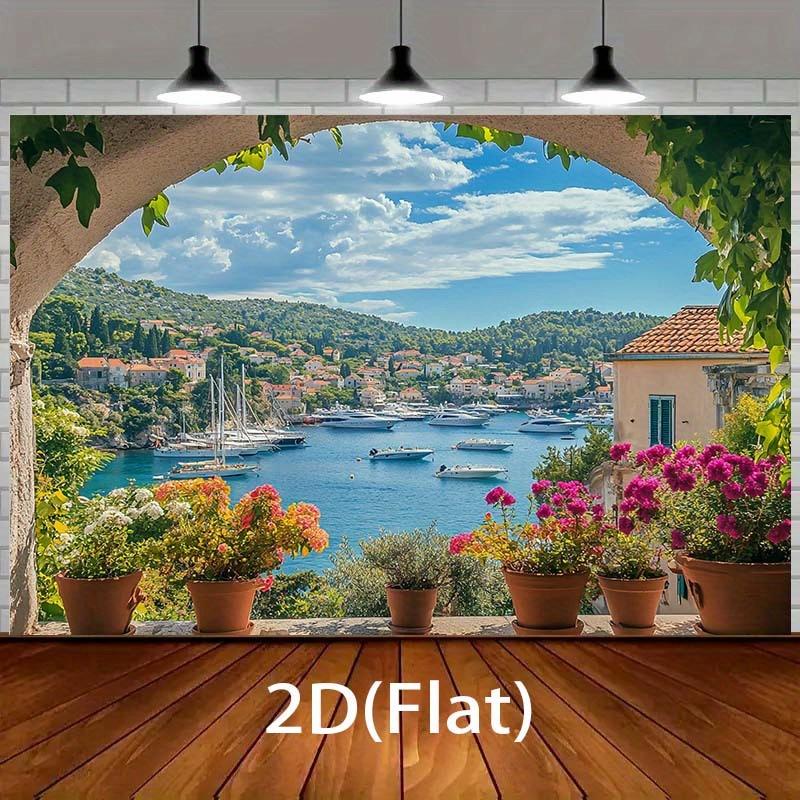 1 Mediterranean Terrace Background with Sea View Boats Flowers and Village House Beach Theme Decoration
