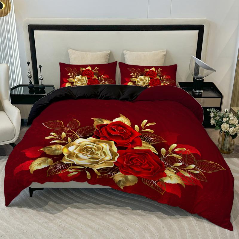 3pcs Golden Rose Duvet Cover SetSoft And Breathable Bedroom And Dormitory BeddingInclud (Duvet Cover*1+Pillowcase*2)