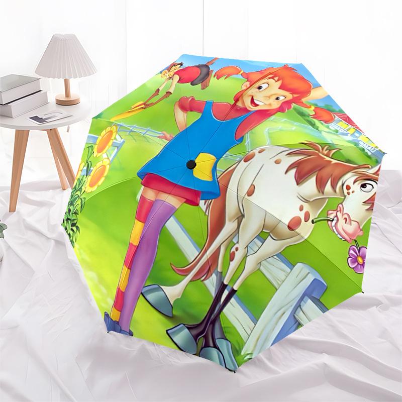 1pc Pippi Longstocking Automatic Folding Umbrella - Compact 8-Rib Design, Durable Plastic & Iron, 053