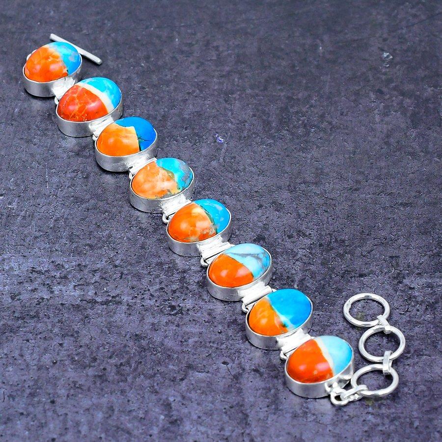 Natural Spiny Oyster Gemstone Handmade 925 Sterling Silver Bracelet 7-8" ETC-14466