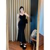 50 small man pure desire wind black lace suspender dress women's spring and summer slim bottom S curve hip wrap dress