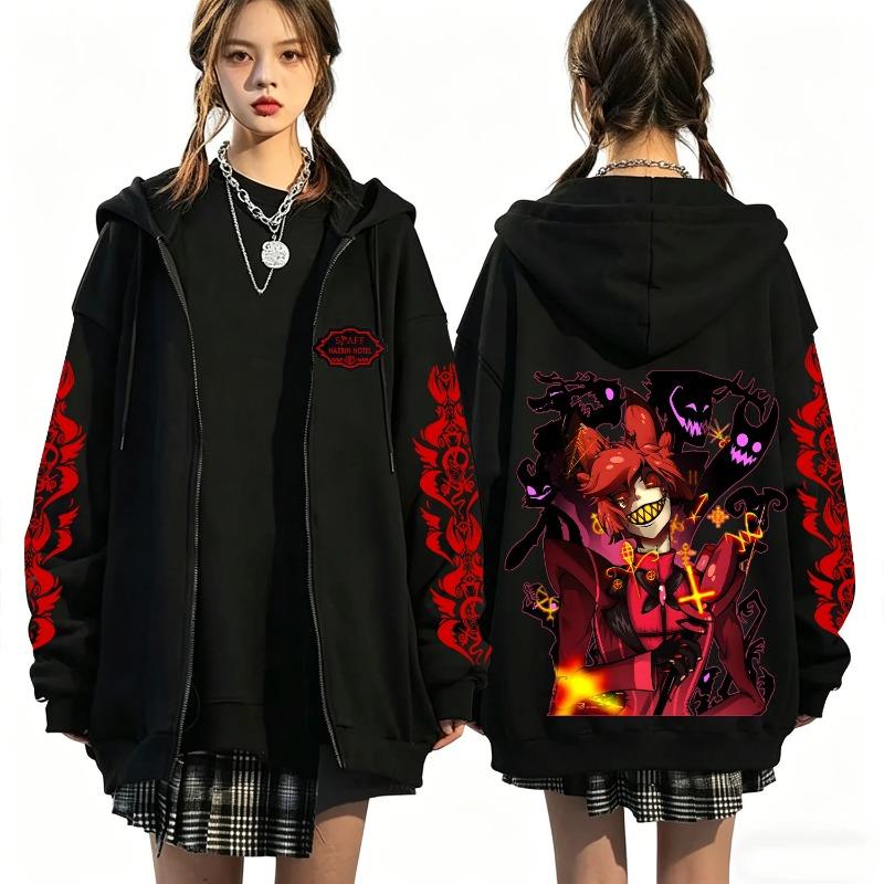 Felpa con zip Hazbin Hotel Stampa Retro Autunno Inverno Streetwear Moda Casual Harajuku Cappotto Pile Manica Lunga Felpe con Zip