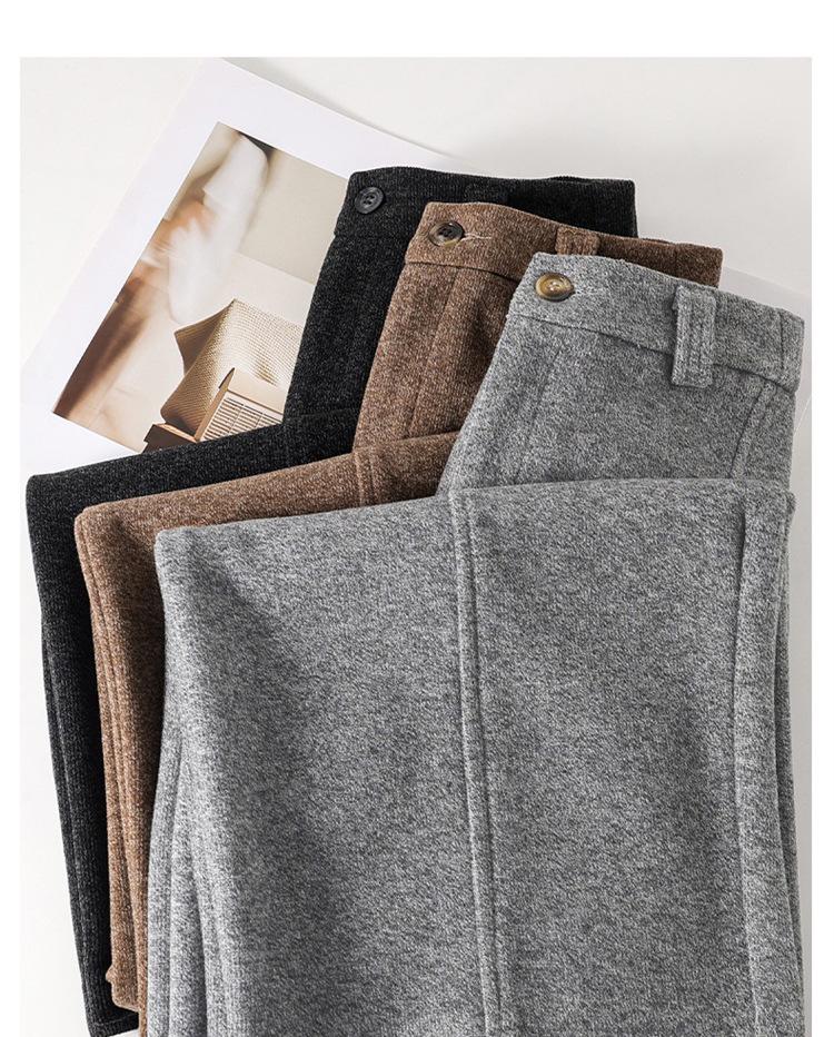 Women's Gray Wool Tweed Wide-Leg Cropped Pants with Velvet Lining - Autumn/Winter New Style