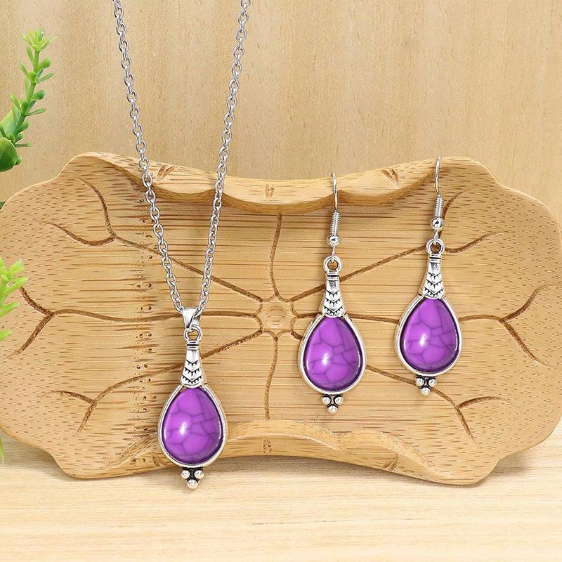 Fashion Bohemian Vintage Simple Blue Natural Stone Jewelry Set Women Silver Color Chain Long Pendant Necklace Waterdrop Earrings