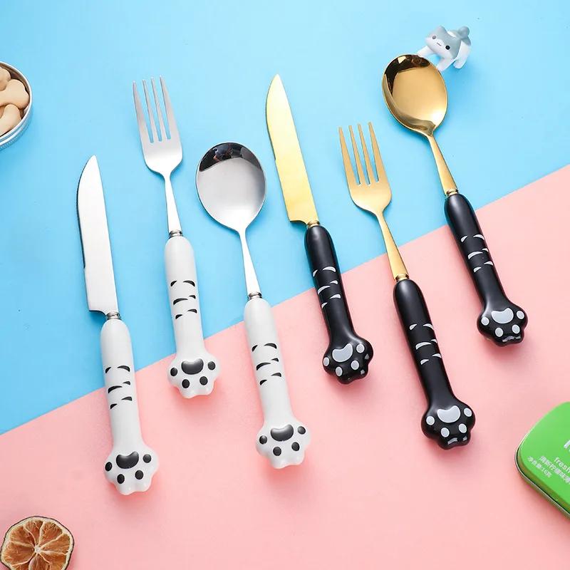 Set di posate in ceramica e acciaio inossidabile 304 con motivo a zampa di gatto, composto da cucchiaio, forchetta e bacchette. Un'idea regalo perfetta.