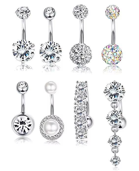 Set of 8 Zircon Pearl 316L Stainless Steel Navel Rings Sexy Body Piercing Jewelry for Women Belly Button & Dangle for Wedding