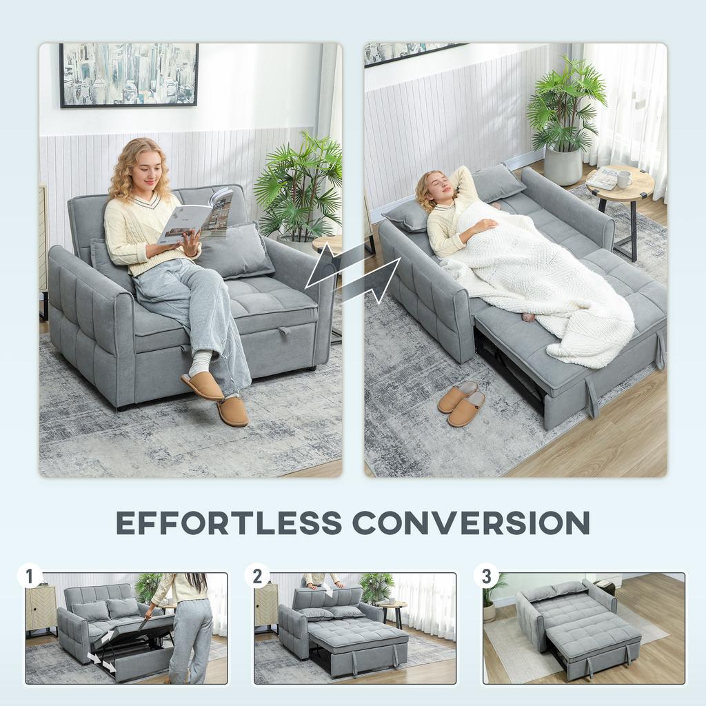 2 Seater Sofa Bed, 3-in-1 Convertible Sleeper Sofa with Click-clack Adjustable Backrest and 2 Pillows, Grey