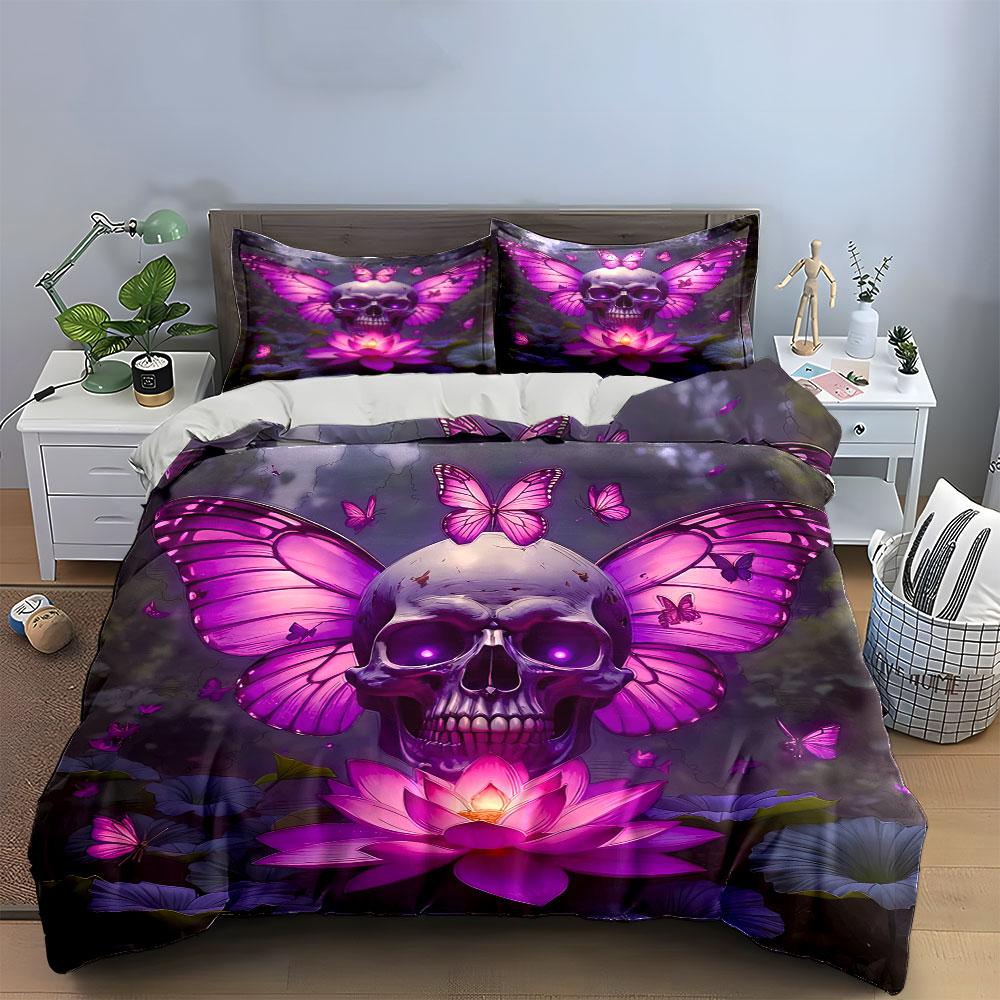 "Skull Butterfly Art Decoration Set" Bedding Set with 1 Duvet Cover 2 Pillowcases Single Double King Queen, Gift