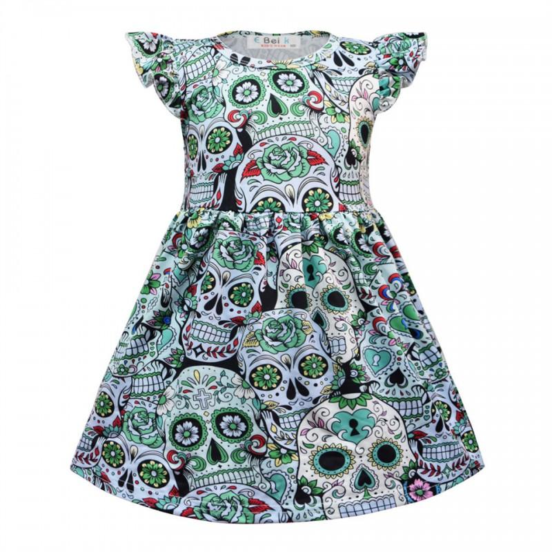 Girls Halloween Short Dress Ruffle Sleeve Round Neck A-Line Party Kids Casual Costume