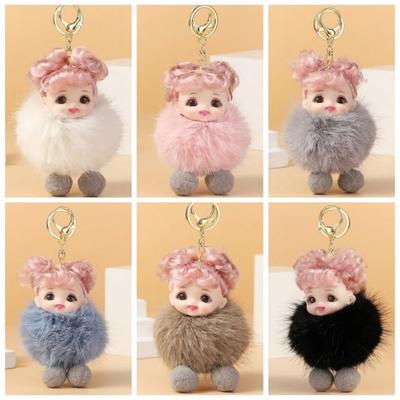 Baby Doll Plush Dolls Pendant Pink Hair Car Key Ring Fashion Pompom Baby Keychain  Girl