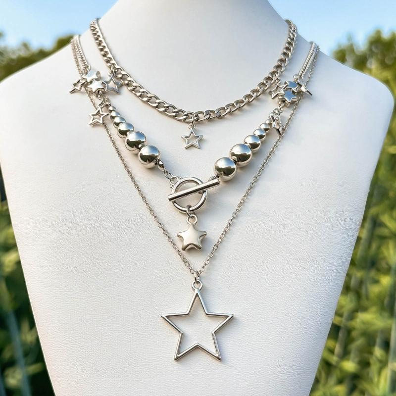 3pcs/set Layered Star Necklace Silver Hollow Star Pendant Neck Chain Fashion Neckwear Jewelry Gift for Women and Girls