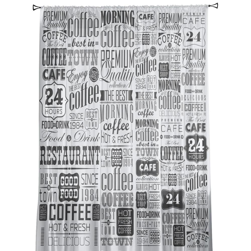 Vintage Text Coffee Tulle Curtains for Living Room Printed Sheer Voile Curtain Bedroom Window Screening Drapes Blinds Home Decor