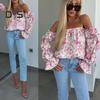 Koszula Damska Odkrywająca Ramiona Rozkloszowany Długi Rękaw Design Pulowerowe Topy Kwiatowy Nadruk Luźny Krój Koszula Casual Odzież Biurowa
